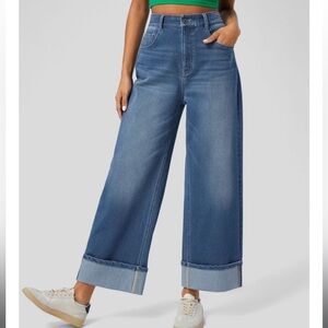 Halara Flex High Waisted Pockets Rolled Hem Wide Leg Denim